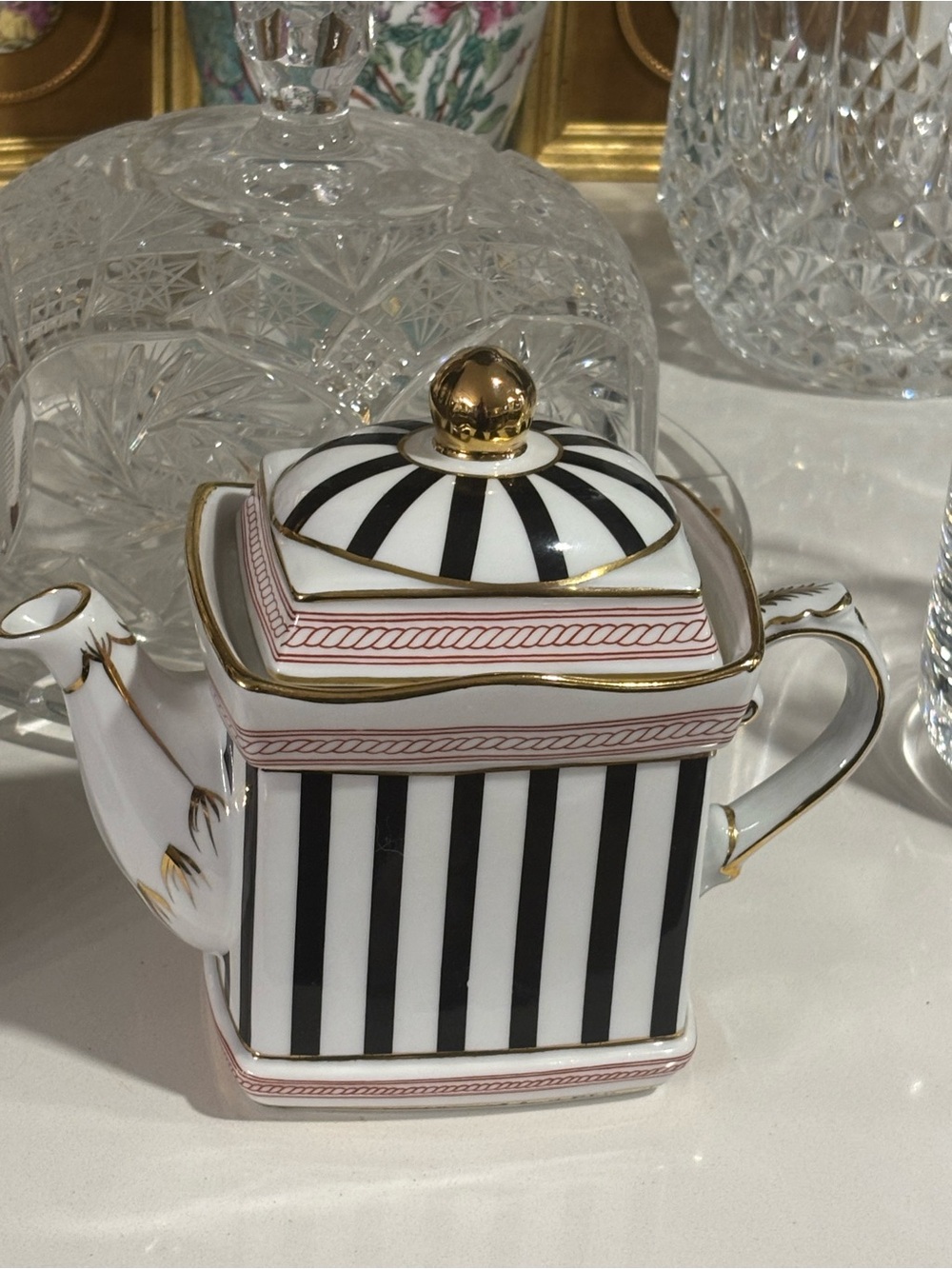 Pink, Black & White Striped Porcelain Teapot with Gold Trim